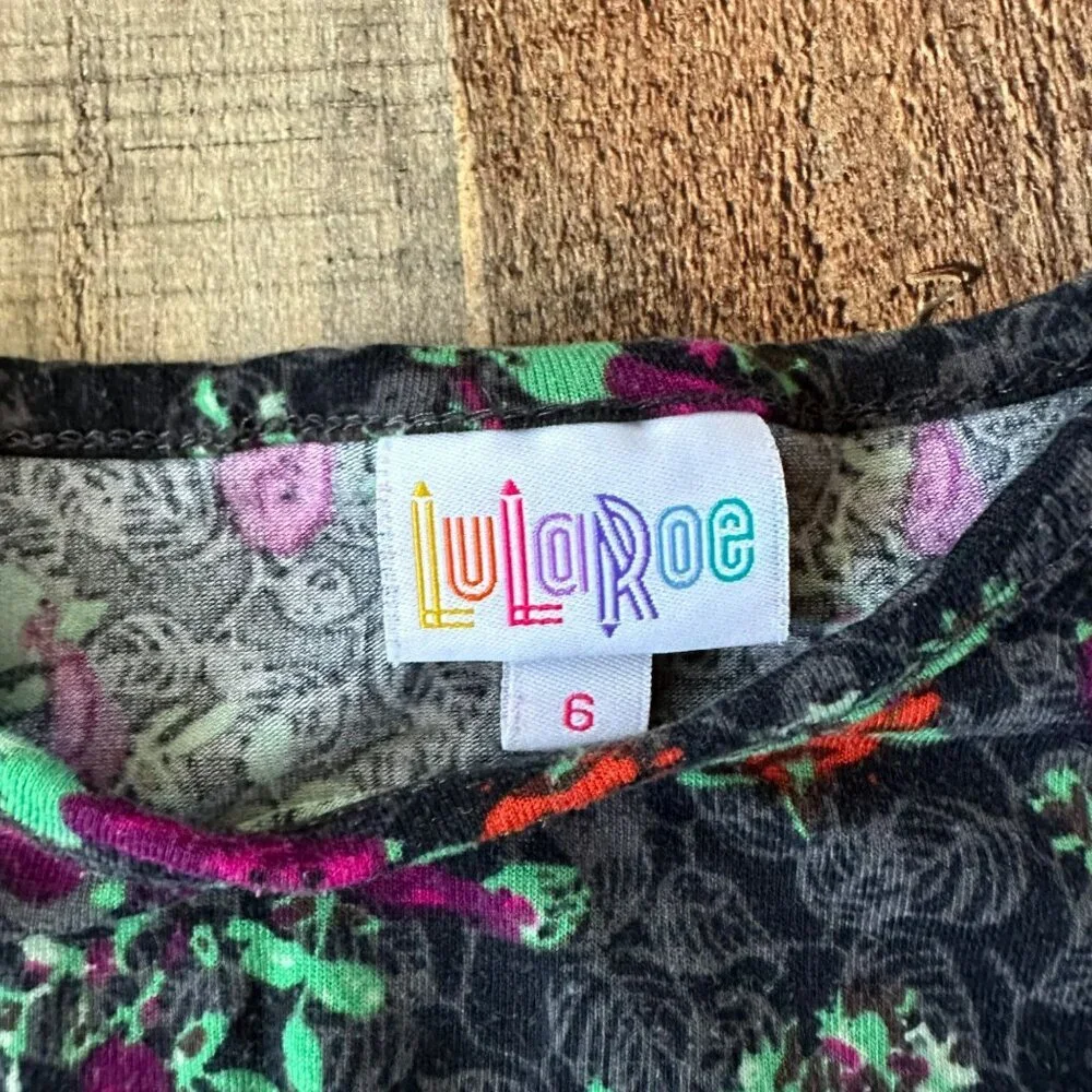 LuLaRoe Girls Floral Dress Size 6 Black Multicolor Short Sleeve Knee Length